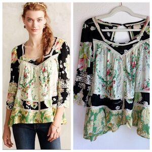 Anthro Vanessa Virginia Prateria Floral Tie Back Peasant Blouse in Black & Multi